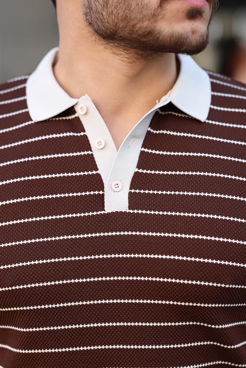 Miron Kahverengi Düğme Detaylı Çizgili Polo Yaka Triko Kazak -2446