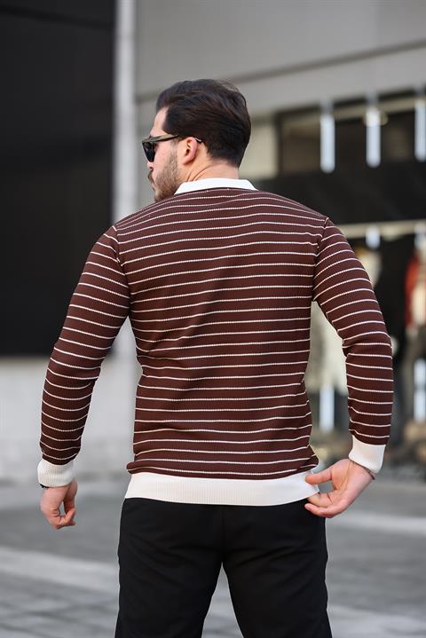 Miron Kahverengi Düğme Detaylı Çizgili Polo Yaka Triko Kazak -2446