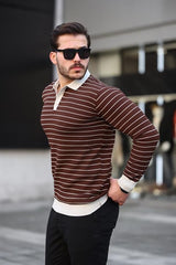 Miron Kahverengi Düğme Detaylı Çizgili Polo Yaka Triko Kazak -2446