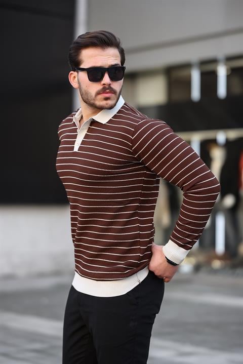 Miron Kahverengi Düğme Detaylı Çizgili Polo Yaka Triko Kazak -2446