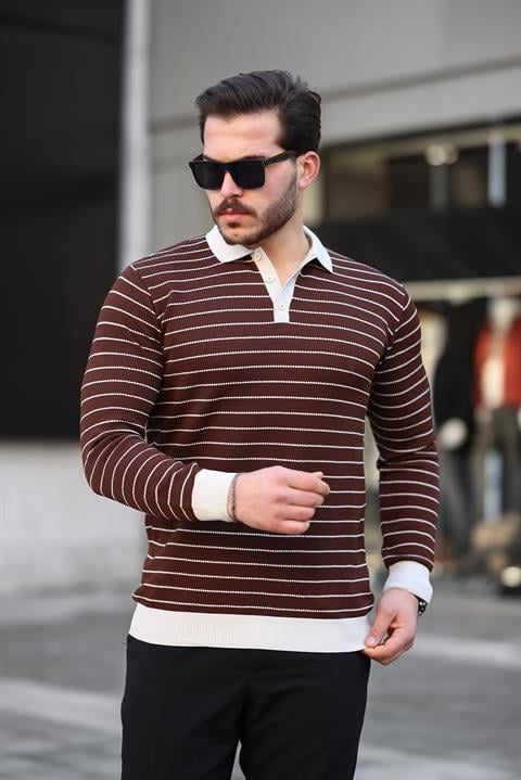 Miron Kahverengi Düğme Detaylı Çizgili Polo Yaka Triko Kazak -2446