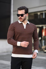 Miron Kahverengi Düğme Detaylı Çizgili Polo Yaka Triko Kazak -2446