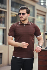 Miron Kahverengi Kabartma Çizgi Polo Yaka Triko Tişört- 2403