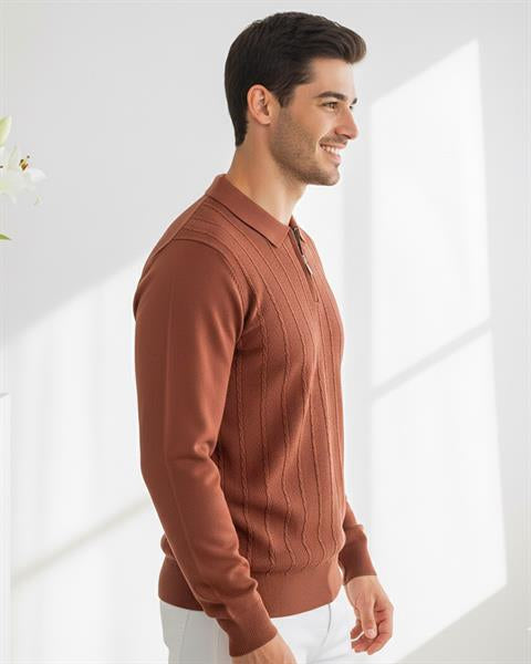 Miron Kahverengi Petek Dokulu Fitilli Polo Yaka Triko Kazak- 2445