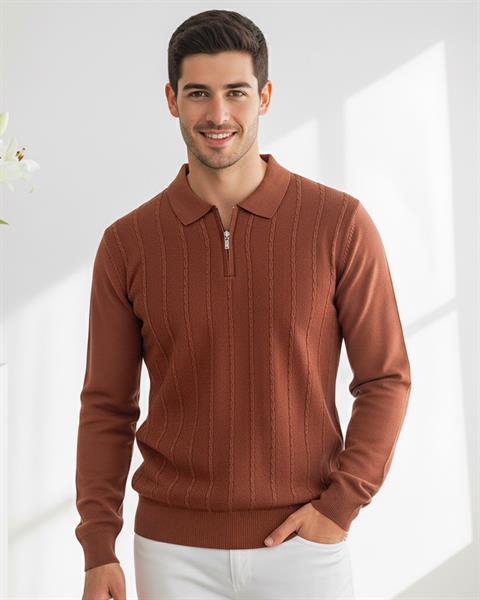 Miron Kahverengi Petek Dokulu Fitilli Polo Yaka Triko Kazak- 2445