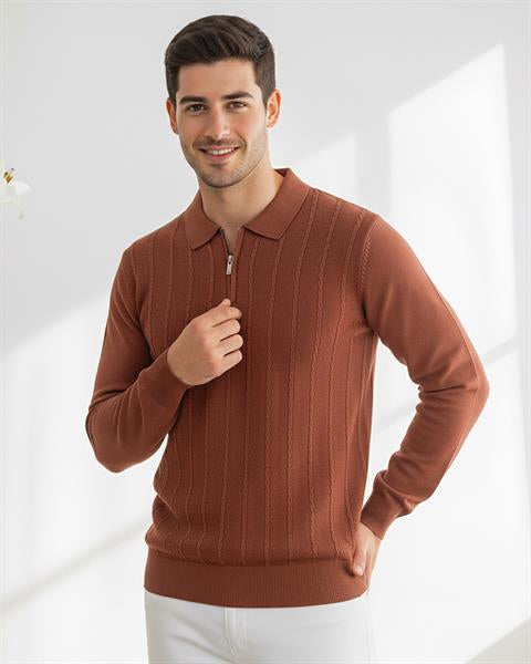 Miron Kahverengi Petek Dokulu Fitilli Polo Yaka Triko Kazak- 2445