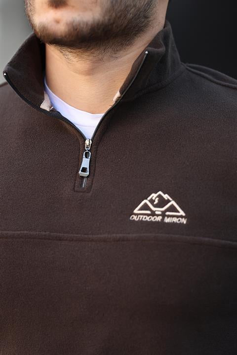 Miron Kahverengi Unisex Nakışlı Dik Yaka Yarım Fermuarlı Polar Sweatshirt- 2321
