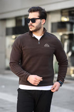 Miron Kahverengi Unisex Nakışlı Dik Yaka Yarım Fermuarlı Polar Sweatshirt- 2321