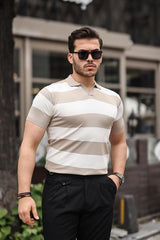 Miron Kamel Bej Triko Blok Parçalı Polo Yaka Tişört- 2417