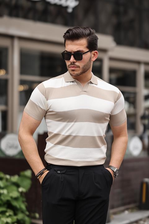 Miron Kamel Bej Triko Blok Parçalı Polo Yaka Tişört- 2417
