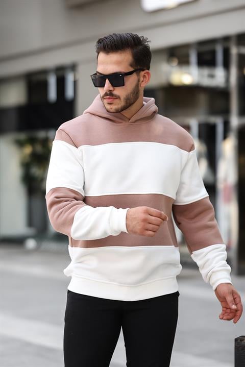 Miron Kamel Beyaz Blok Parçalı Overisize Kapşonlu Üç İplik Sweatshirt- 2316