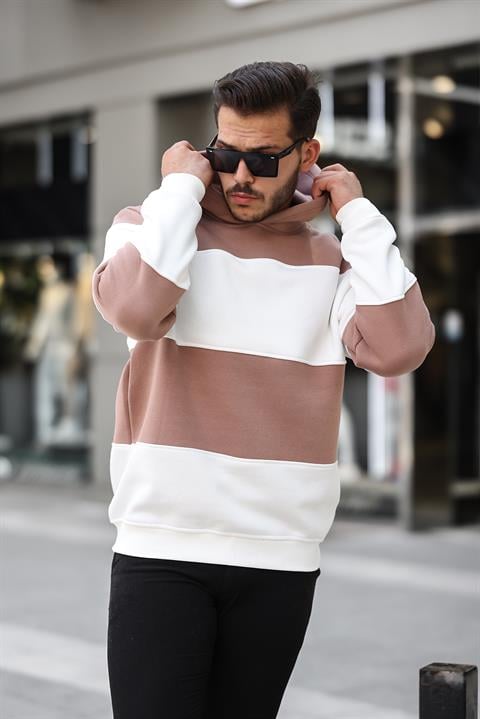 Miron Kamel Beyaz Blok Parçalı Overisize Kapşonlu Üç İplik Sweatshirt- 2316