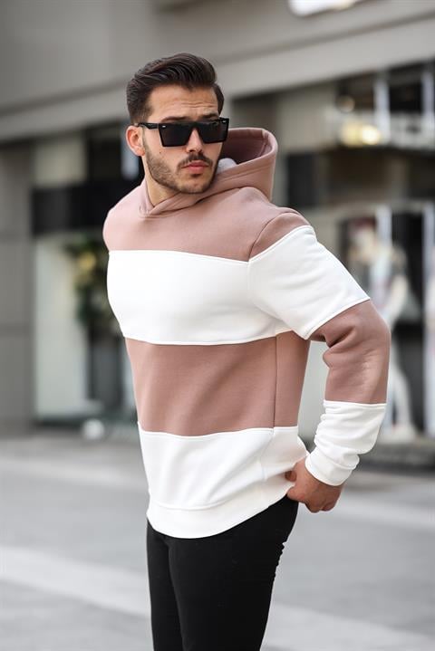 Miron Kamel Beyaz Blok Parçalı Overisize Kapşonlu Üç İplik Sweatshirt- 2316