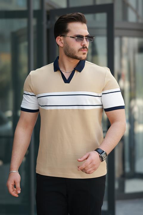Miron Kamel Beyaz iki Renk Polo Yaka Kısa Kollu Tişört-2514