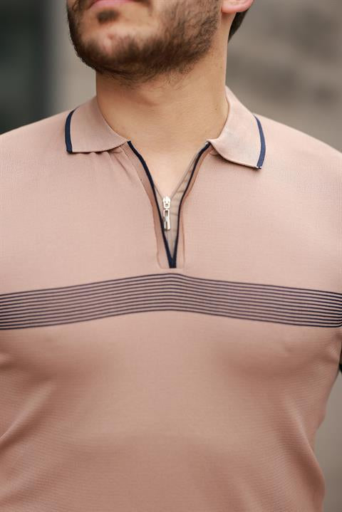 Miron Kamel Çizgili ve Fermuar Detalı Polo Yaka Triko Kısa Kollu Tişört 2512