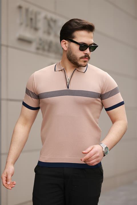 Miron Kamel Çizgili ve Fermuar Detalı Polo Yaka Triko Kısa Kollu Tişört 2512