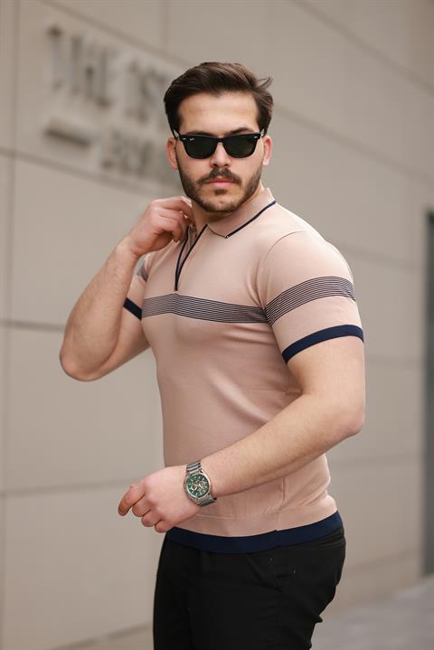 Miron Kamel Çizgili ve Fermuar Detalı Polo Yaka Triko Kısa Kollu Tişört 2512