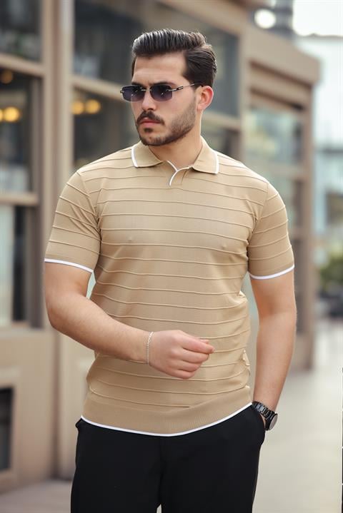 Miron Kamel Kabartma Çizgi Polo Yaka Triko Tişört- 2403