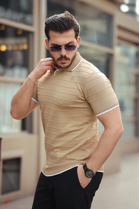 Miron Kamel Kabartma Çizgi Polo Yaka Triko Tişört- 2403