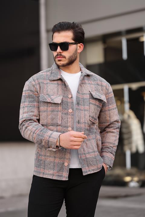Miron Kiremit Bej Kareli Kapitone Detaylı Regular Fit Ceket-2453