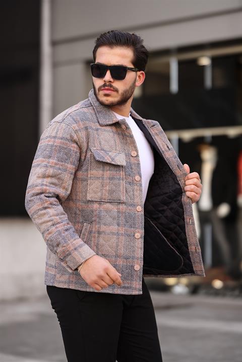 Miron Kiremit Bej Kareli Kapitone Detaylı Regular Fit Ceket-2453