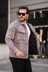 Miron Kiremit Bej Kareli Kapitone Detaylı Regular Fit Ceket-2453