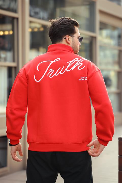 Miron Kırmızı Baskı ve Fermuar Detaylı Oversize Sweatshirt 2461