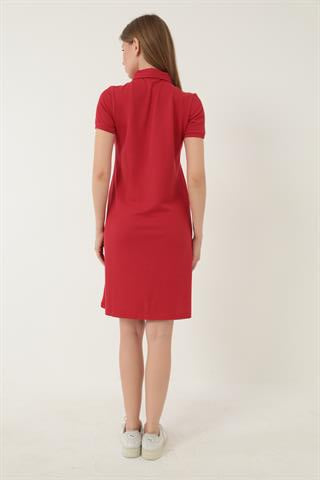 Miron Kırmızı Kadın Polo Yaka Kısa Kollu Örme Elbise -2431