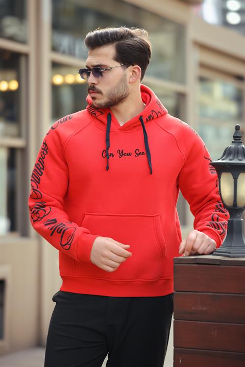 Miron Kırmızı Kol ve Kapüşon Baskı Detaylı Regular Fit Sweatshirt- 2460