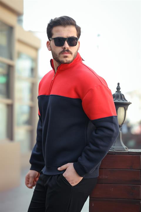 Miron Kırmızı Lacivert İki Renk Fermuarlı Üç İplik Oversize Sweatshirt -2457