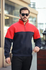 Miron Kırmızı Lacivert İki Renk Fermuarlı Üç İplik Oversize Sweatshirt -2457