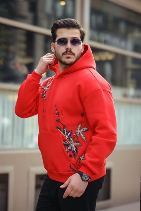 Miron Kırmızı Yaprak Nakışlı Üç İplik Oversize Sweatshirt- 2458