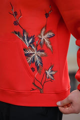 Miron Kırmızı Yaprak Nakışlı Üç İplik Oversize Sweatshirt- 2458