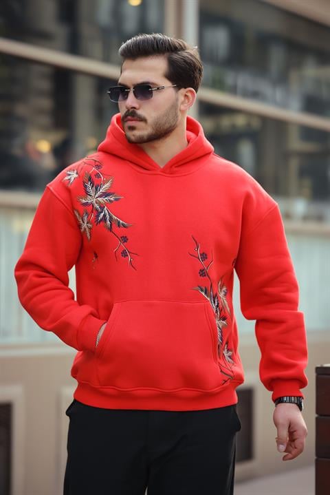 Miron Kırmızı Yaprak Nakışlı Üç İplik Oversize Sweatshirt- 2458