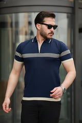 Miron Lacivert Çizgili ve Fermuar Detalı Polo Yaka Triko Kısa Kollu Tişört 2512