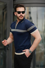 Miron Lacivert Çizgili ve Fermuar Detalı Polo Yaka Triko Kısa Kollu Tişört 2512