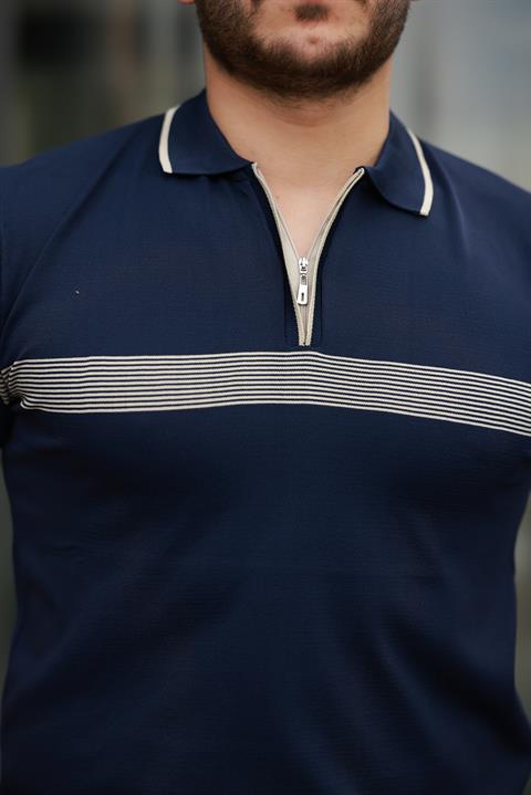 Miron Lacivert Çizgili ve Fermuar Detalı Polo Yaka Triko Kısa Kollu Tişört 2512