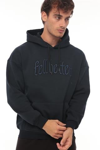 Miron Lacivert Fell Better Nakışlı Kapşonlu Üç İplik Oversize Sweatshirt- 2318
