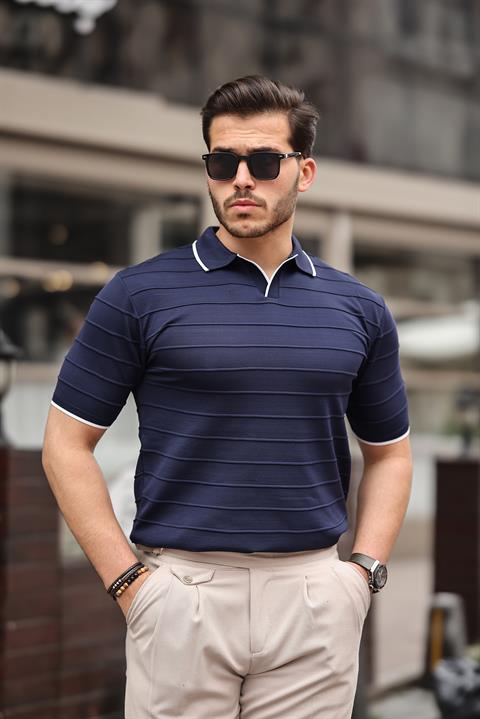 Miron Lacivert Kabartma Çizgi Polo Yaka Triko Tişört- 2403