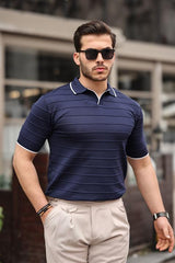 Miron Lacivert Kabartma Çizgi Polo Yaka Triko Tişört- 2403