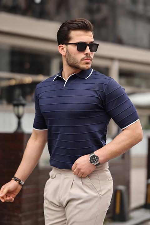 Miron Lacivert Kabartma Çizgi Polo Yaka Triko Tişört- 2403