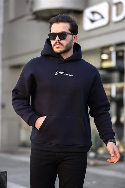 Miron Lacivert Sırtı Baskılı Kapüşonlu Üç İplik Oversize Sweatshirt - 2441