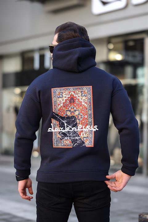 Miron Lacivert Sırtı Etnik Baskılı Kapüşonlu Üç İplik Oversize Sweatshirt-2438