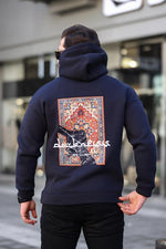 Miron Lacivert Sırtı Etnik Baskılı Kapüşonlu Üç İplik Oversize Sweatshirt-2438