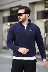 Miron Lacivert Unisex Nakışlı Dik Yaka Yarım Fermuarlı Polar Sweatshirt- 2321