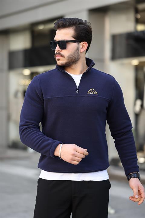 Miron Lacivert Unisex Nakışlı Dik Yaka Yarım Fermuarlı Polar Sweatshirt- 2321