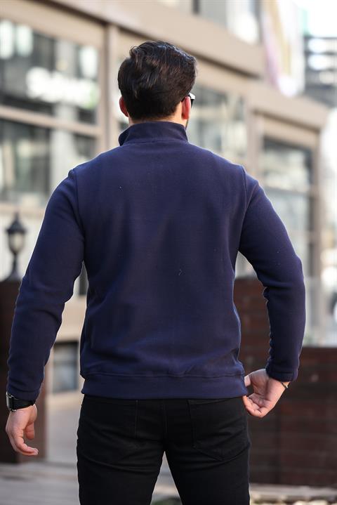 Miron Lacivert Unisex Nakışlı Dik Yaka Yarım Fermuarlı Polar Sweatshirt- 2321