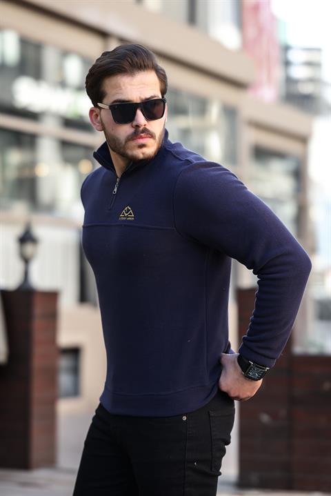 Miron Lacivert Unisex Nakışlı Dik Yaka Yarım Fermuarlı Polar Sweatshirt- 2321