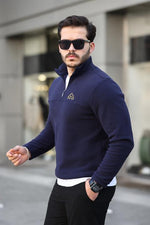 Miron Lacivert Unisex Nakışlı Dik Yaka Yarım Fermuarlı Polar Sweatshirt- 2321