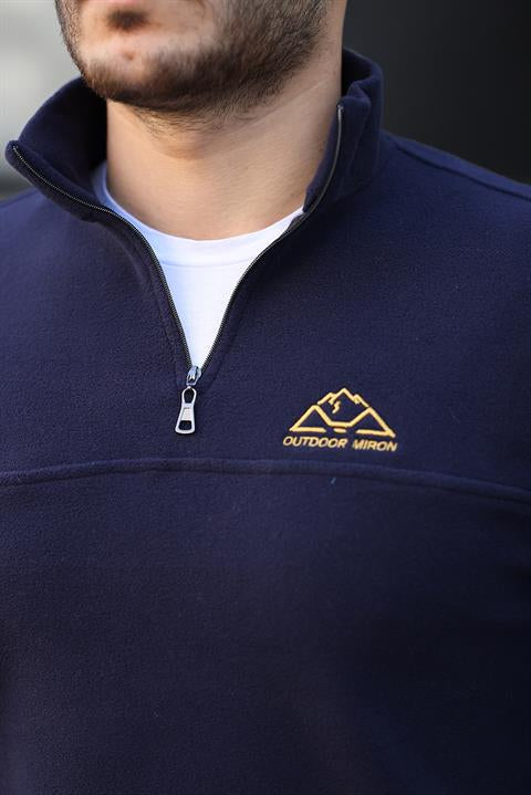 Miron Lacivert Unisex Nakışlı Dik Yaka Yarım Fermuarlı Polar Sweatshirt- 2321